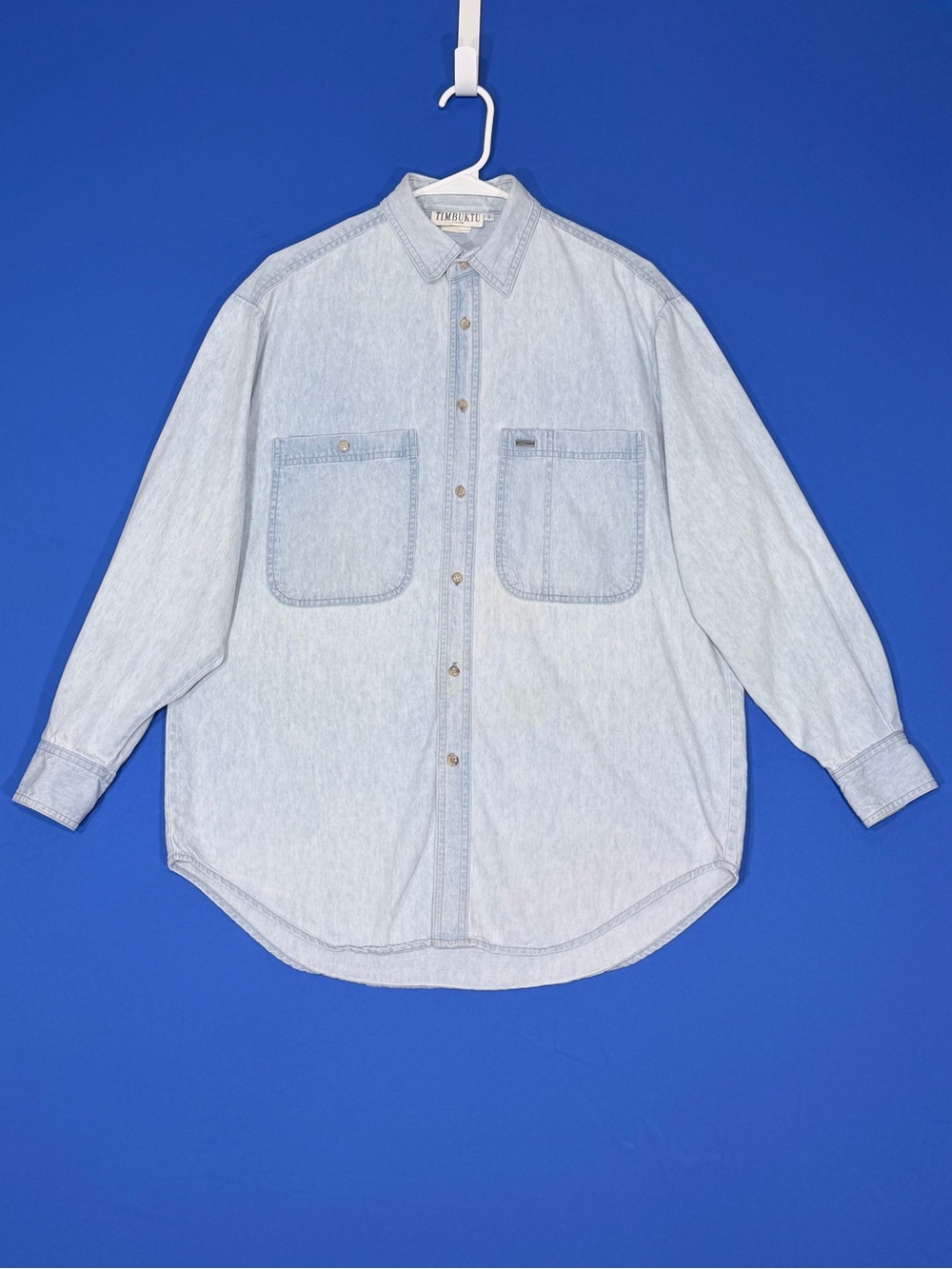 🩵 Vintage 90s Timbuktu Station Acid Wash Denim 100% COTTON Shirt S Oversized